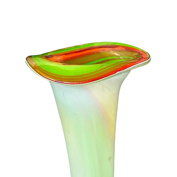 Retro Handblown Glass Vase-Stunning Green White Orange Design 15.5" tall - Picture 4 of 9